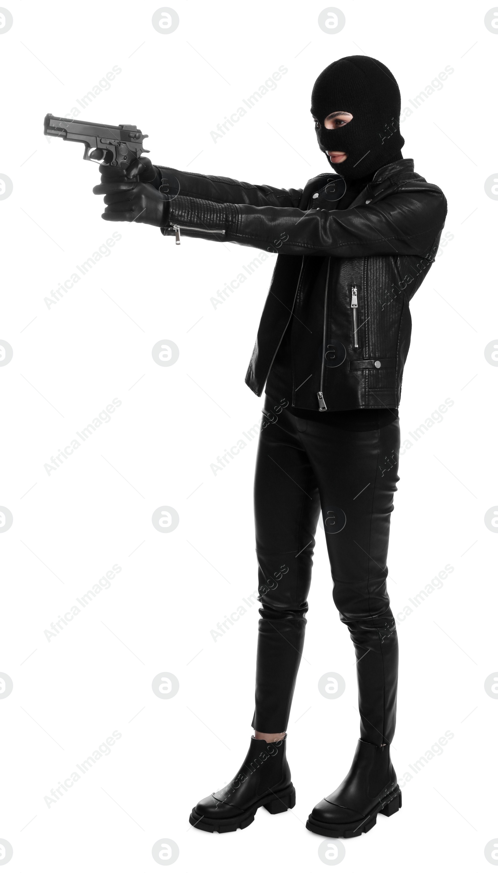 Photo of Woman wearing knitted balaclava with gun on white background