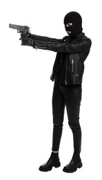 Woman wearing knitted balaclava with gun on white background