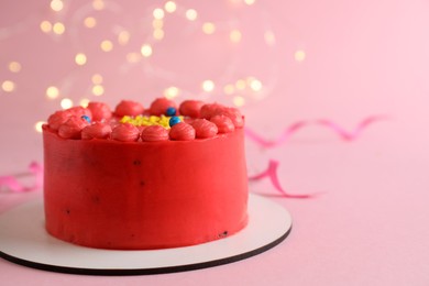 Cute bento cake with tasty cream on pink background, space for text