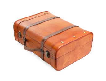 Photo of Beautiful brown stylish suitcase on white background