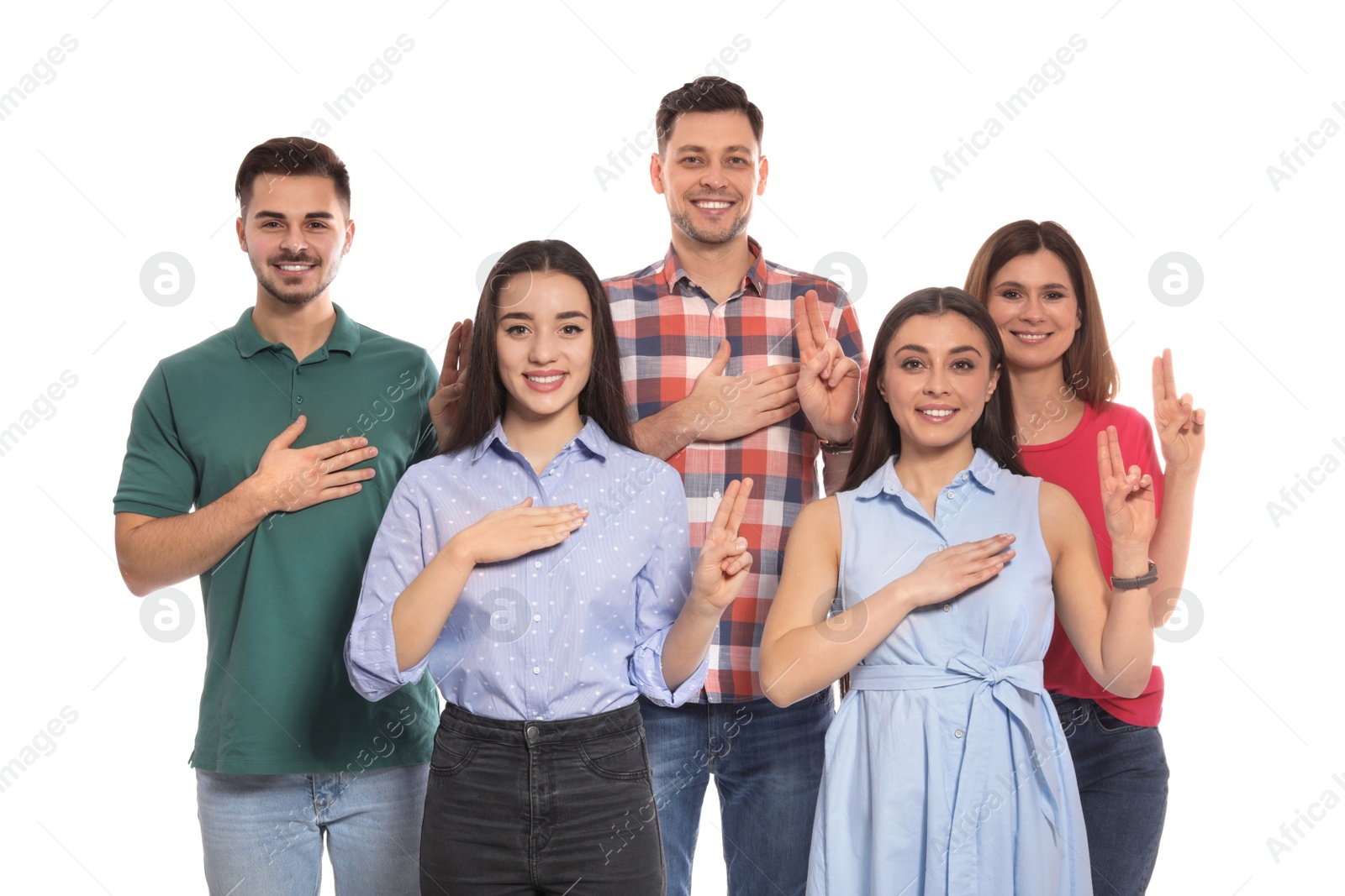 Photo of Hearing impaired people showing word PROMISE on sign language isolated on white