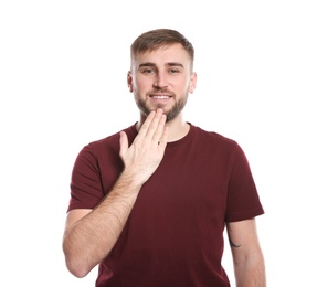 Photo of Man showing THANK YOU gesture in sign language on white background