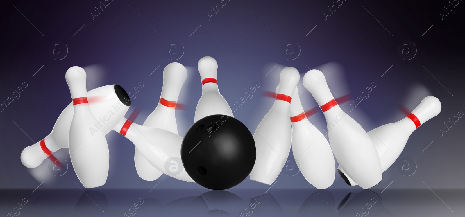 Image of Bowling pins and ball on color background