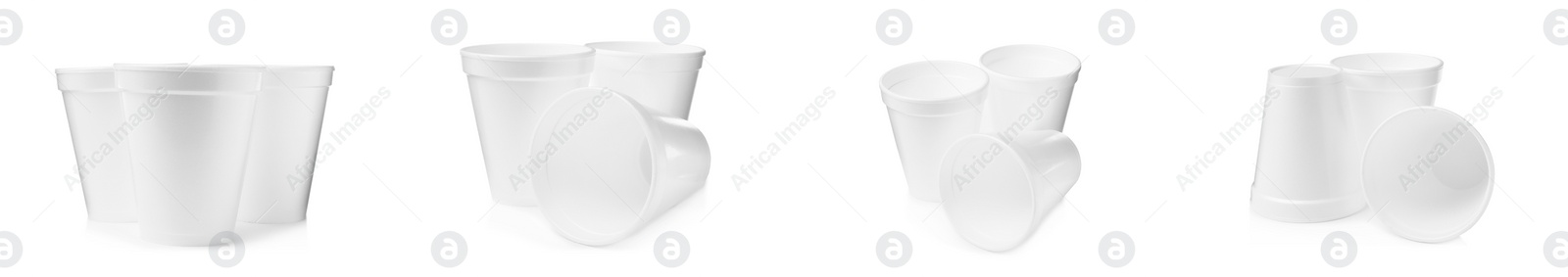 Image of Set with styrofoam cups on white background. Banner design