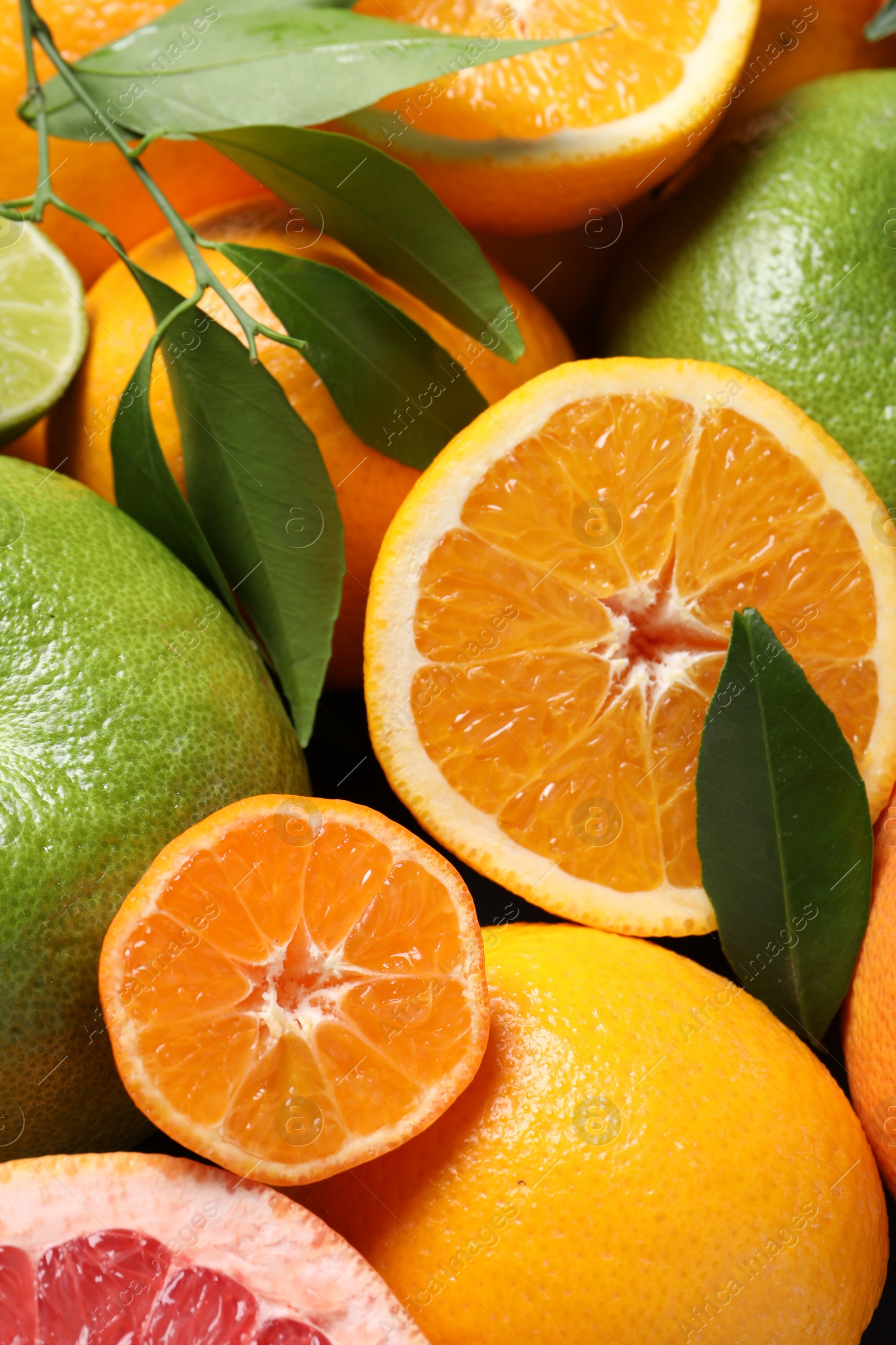 Photo of Different fresh whole and cut citrus fruits as background, top view