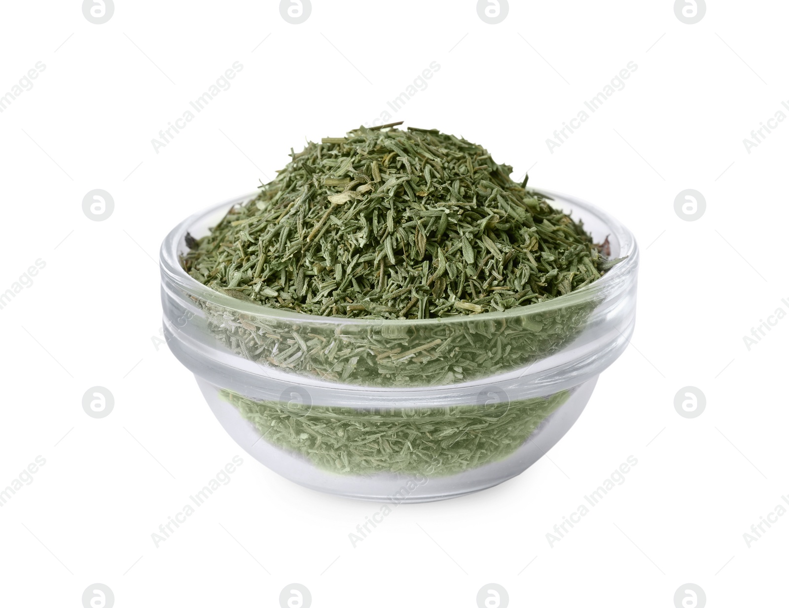 Photo of Bowl of dried thyme isolated on white