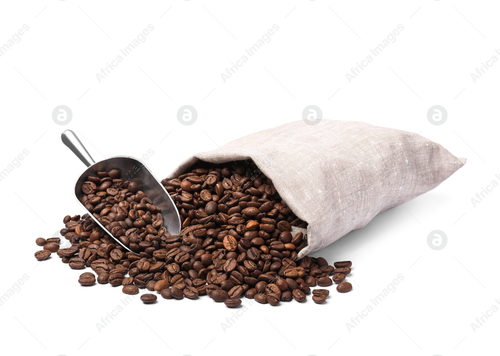 Photo of Sack and roasted coffee beans on white background