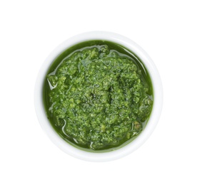 Photo of Homemade basil pesto sauce in bowl on white background