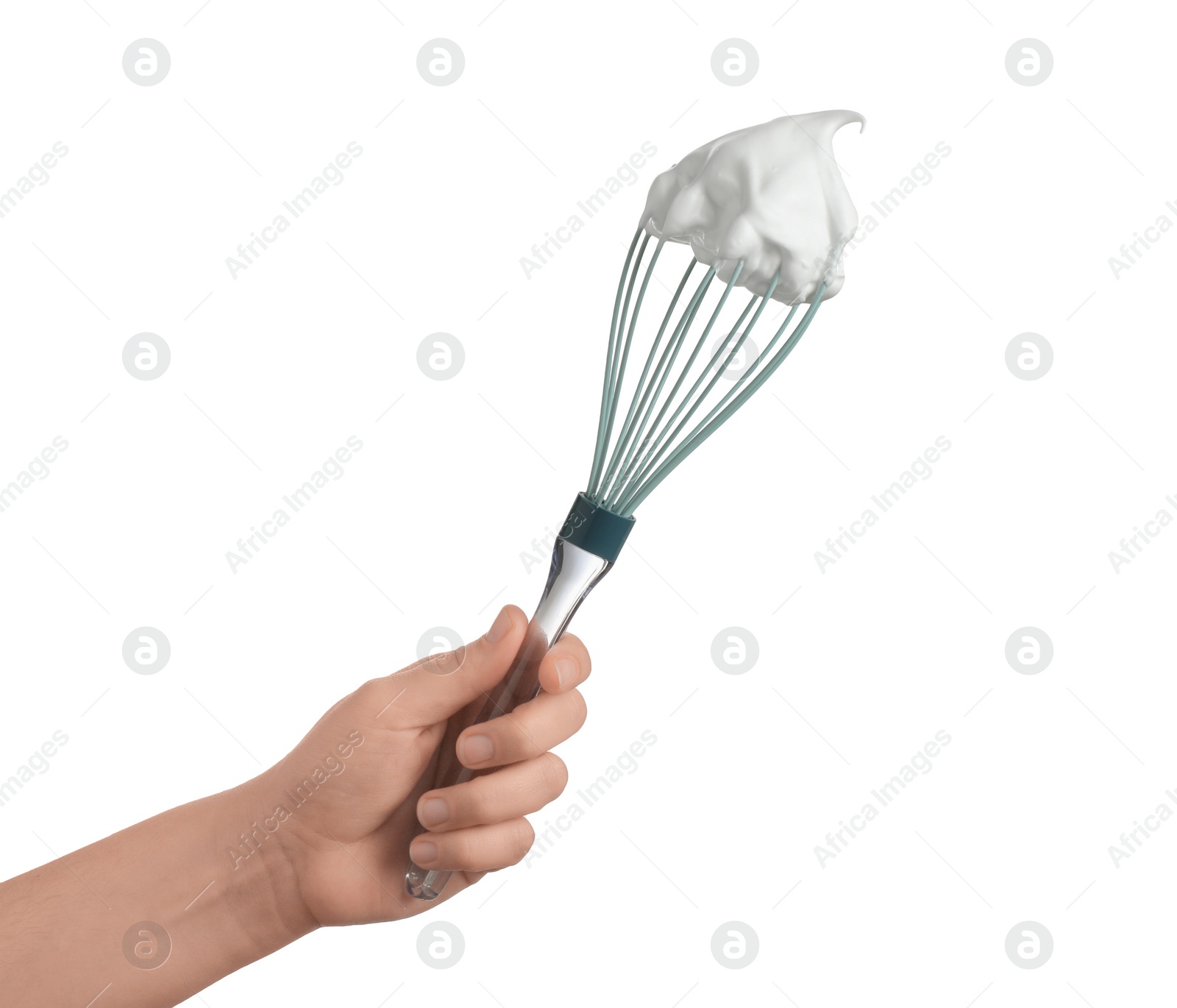 Photo of Woman holding whisk with whipped cream on white background, closeup