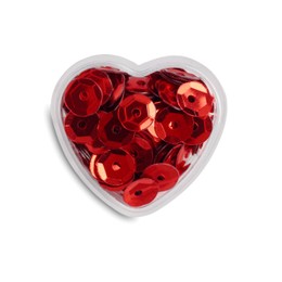 Photo of Red sequins in container in shape of heart on white background, top view