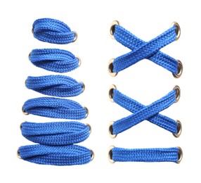 Image of Blue shoe laces on white background, collage