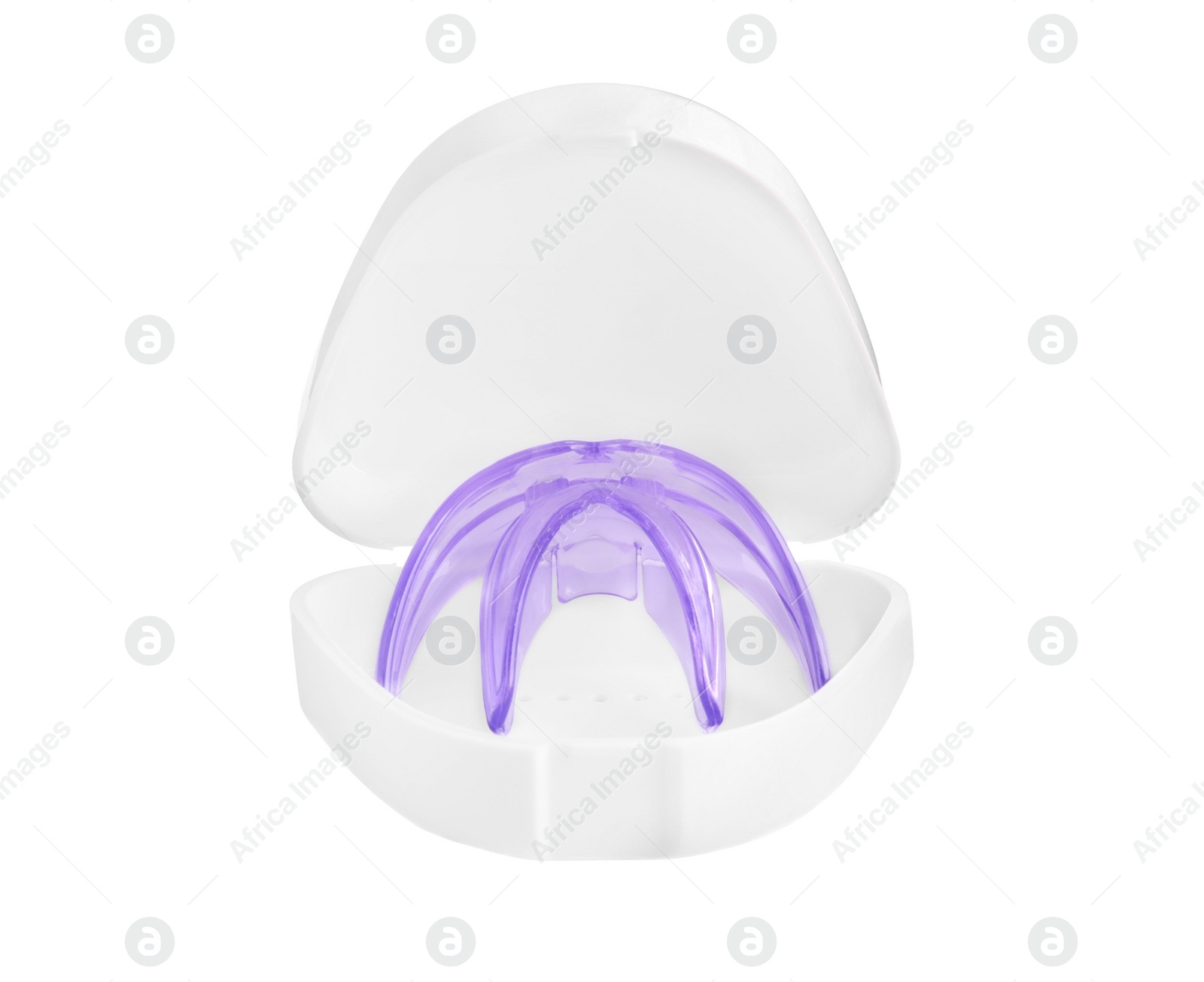 Photo of Container with transparent dental mouth guard isolated on white. Bite correction