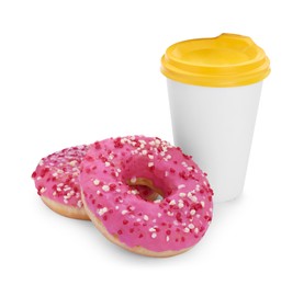 Two delicious donuts with sprinkles and hot drink isolated on white