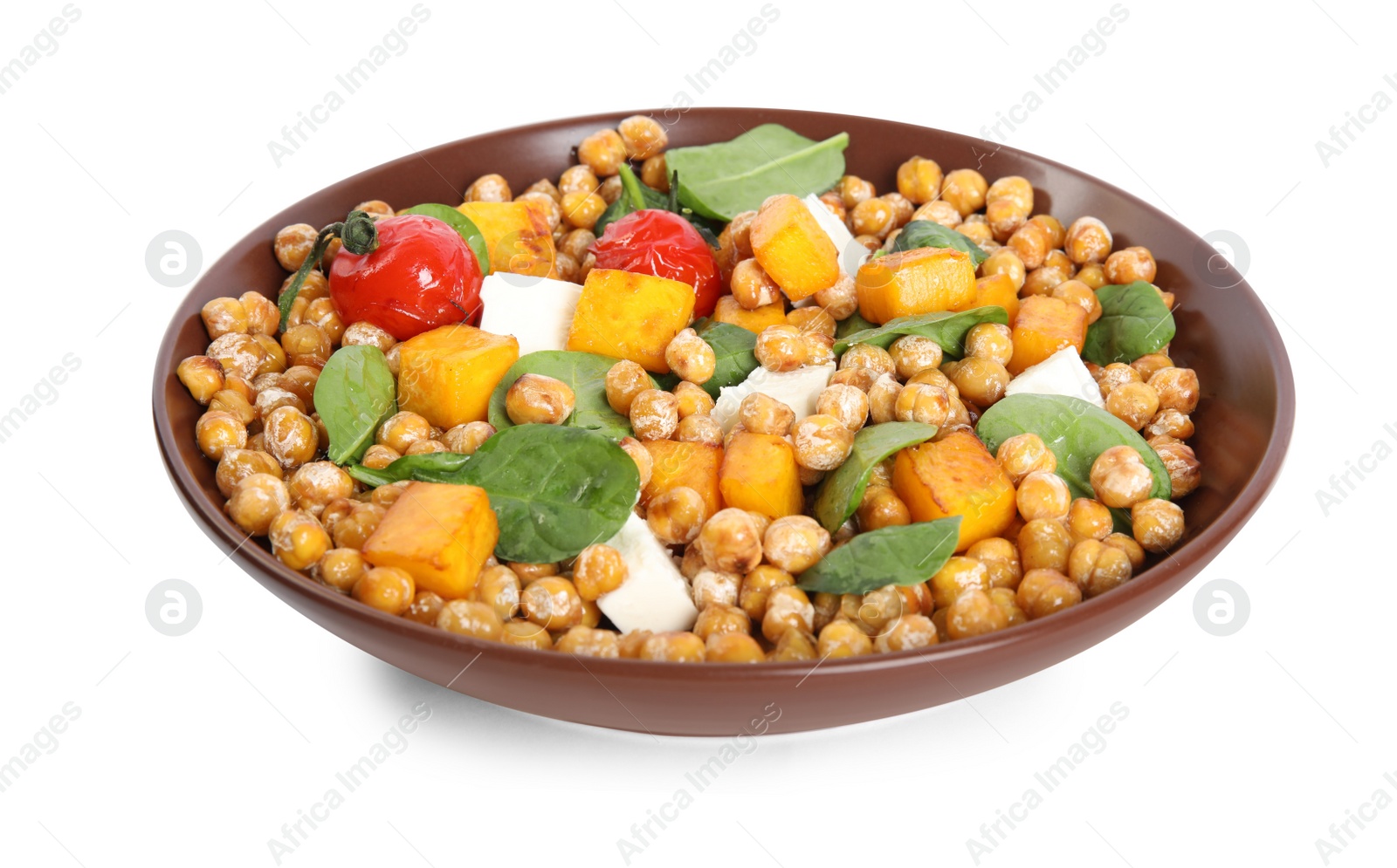 Photo of Dish with delicious fresh chickpea salad isolated on white