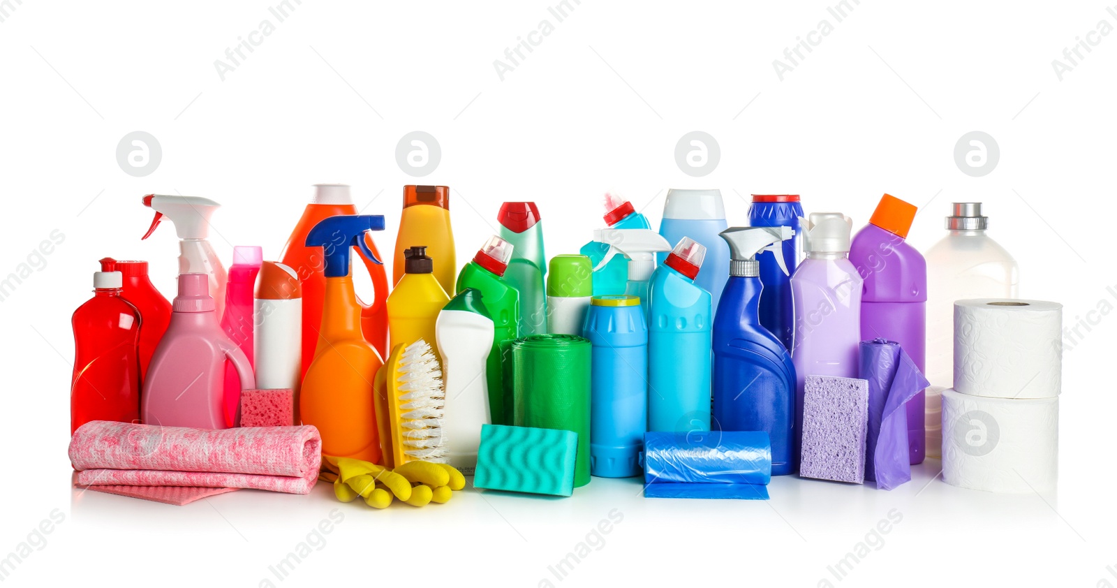 Photo of Set of cleaning supplies on white background