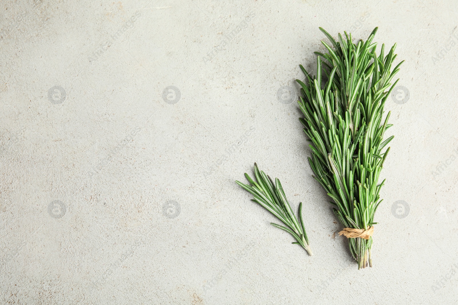 Photo of Bunch of fresh rosemary on light table, top view with space for text