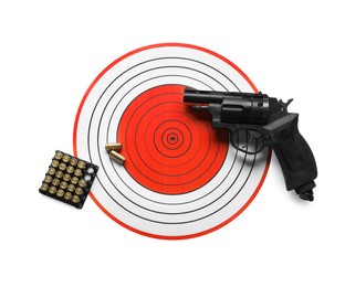 Shooting target, handgun and bullets isolated on white, top view