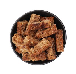 Photo of Bowl of crispy rusks isolated on white, top view