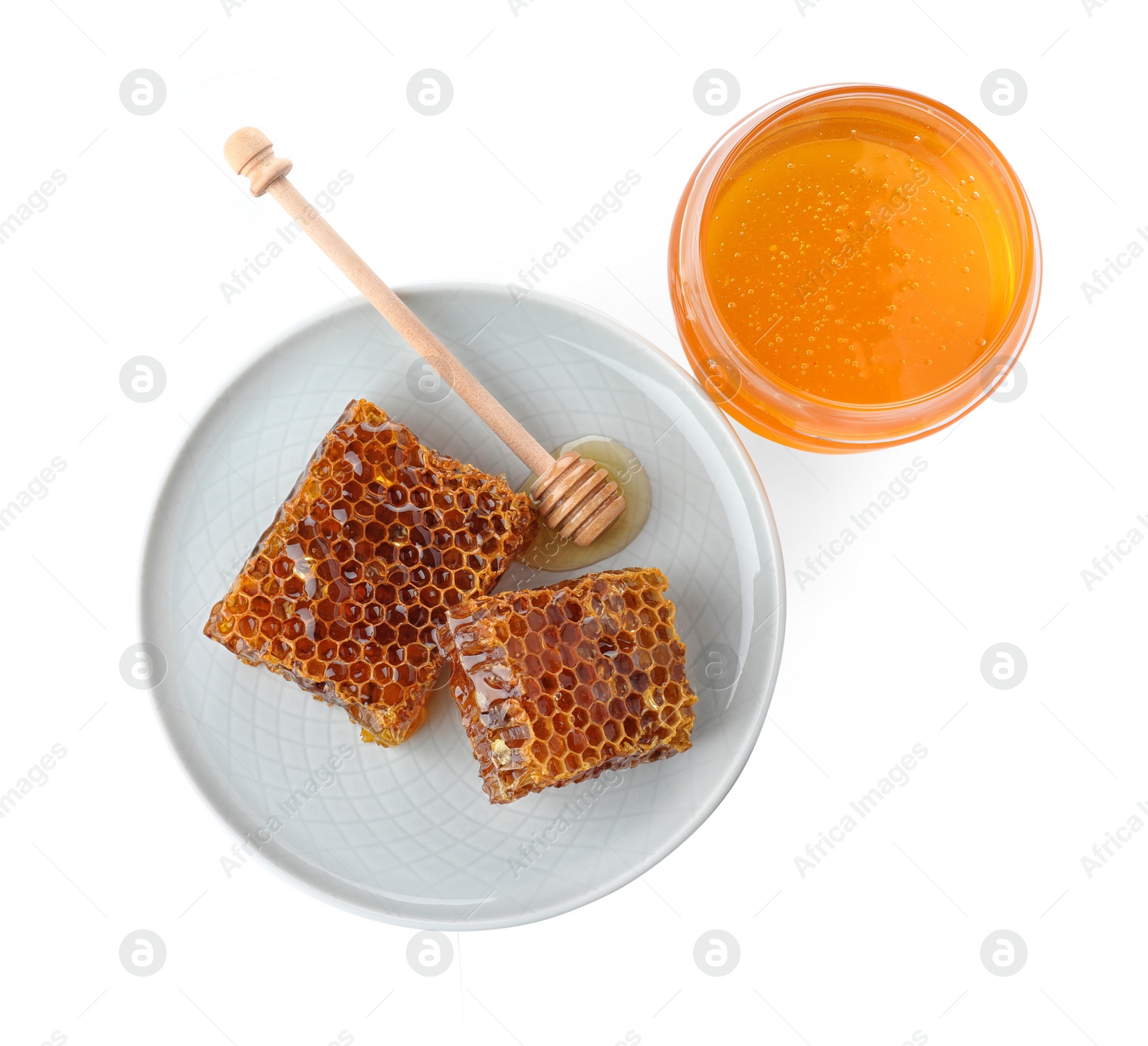 Photo of Composition with jar of honey isolated on white