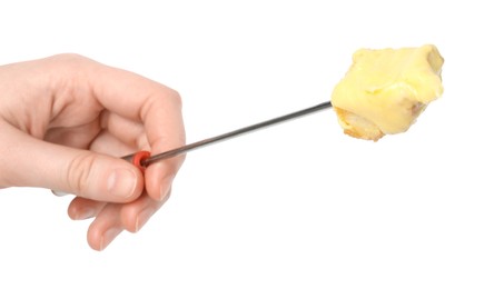 Photo of Tasty fondue. Woman holding fork with piece of bread and melted cheese on white background, closeup