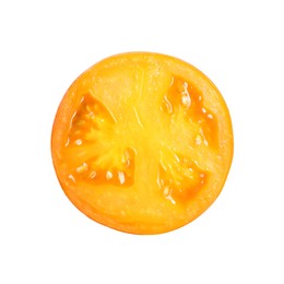Photo of Piece of ripe yellow tomato on white background