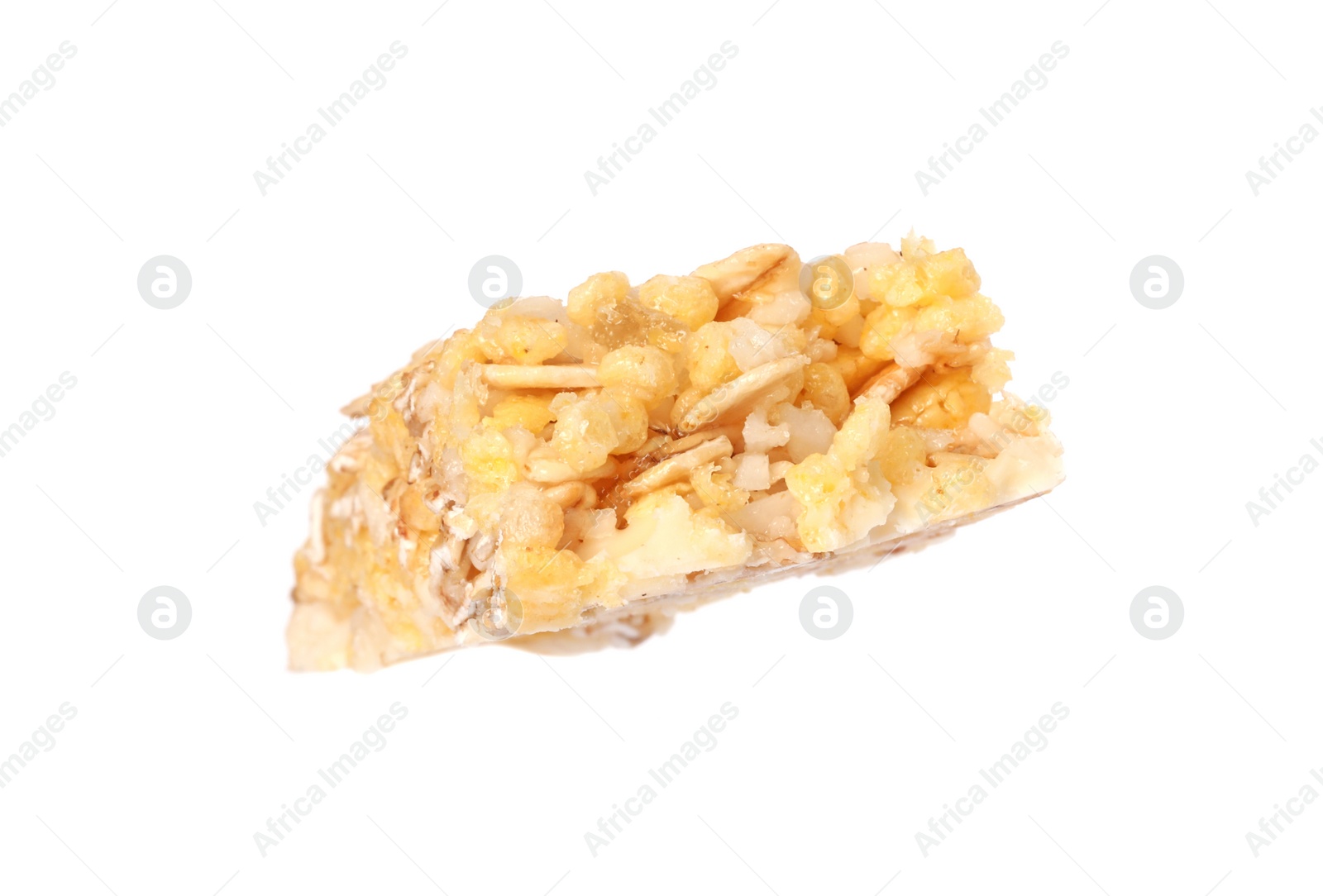 Photo of One piece of tasty granola bar isolated on white