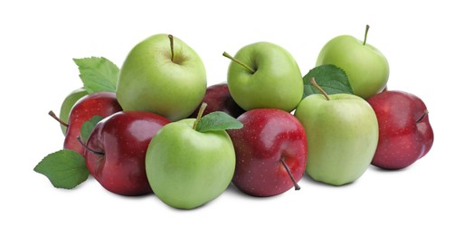 Fresh ripe green and red apples on white background