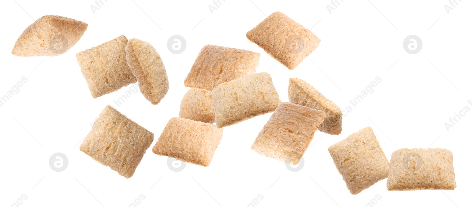 Image of Sweet crispy corn pads flying on white background. Banner design 