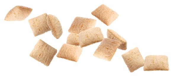 Image of Sweet crispy corn pads flying on white background. Banner design 