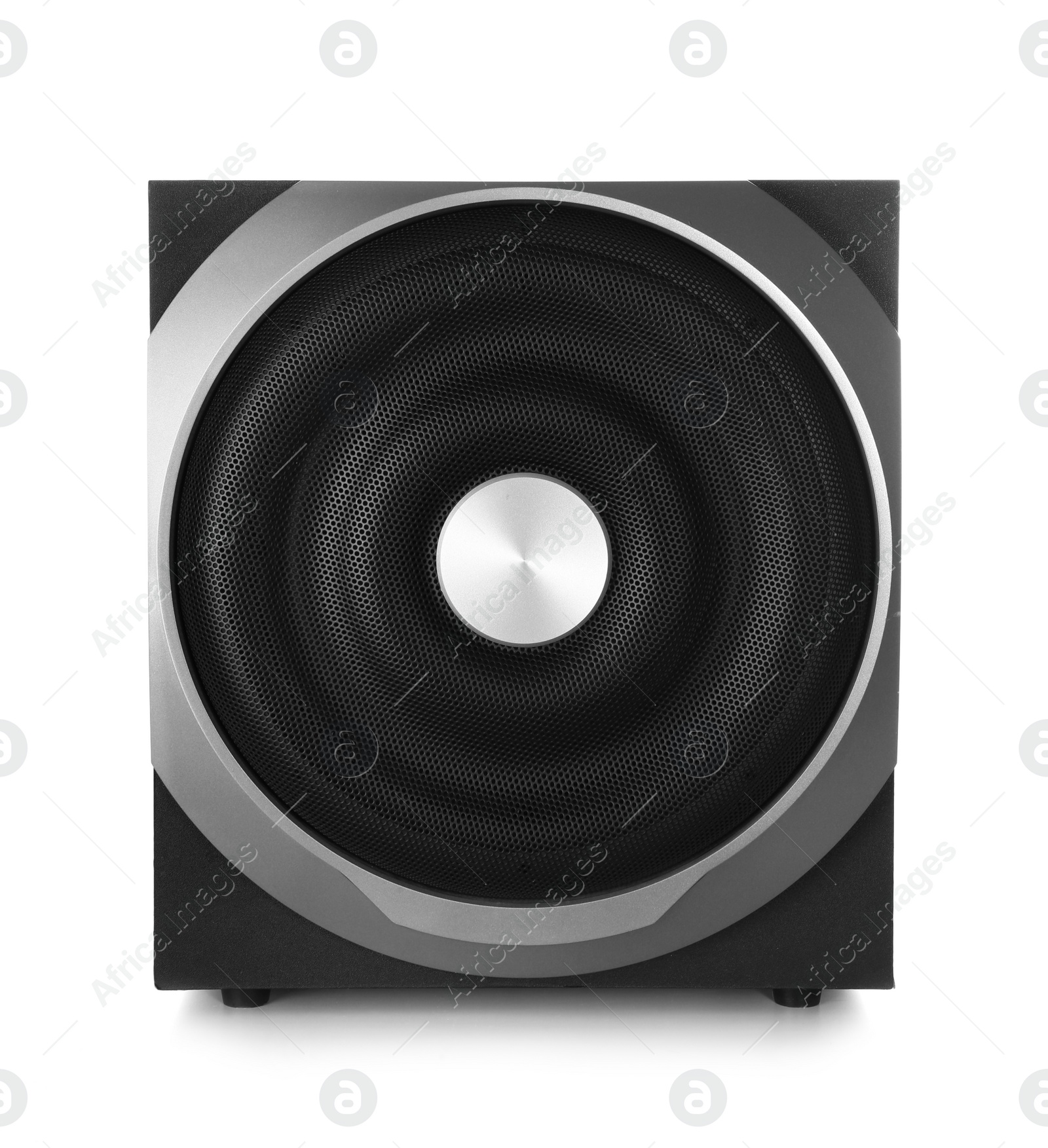 Photo of Modern subwoofer isolated on white. Powerful audio speaker