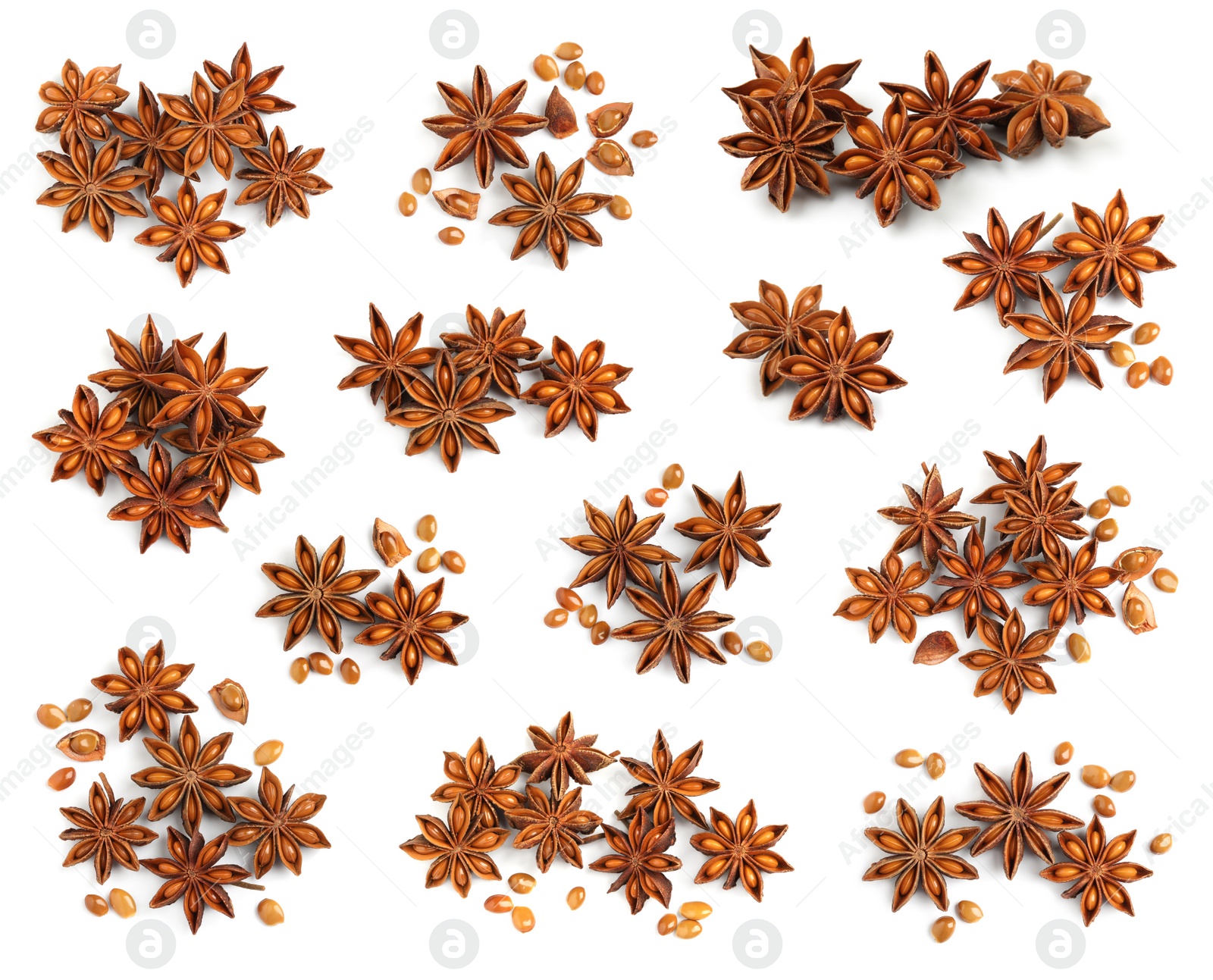 Image of Set with dry anise anise stars on white background, top view