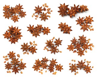 Image of Set with dry anise anise stars on white background, top view