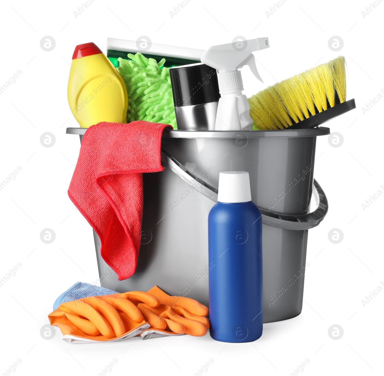 Photo of Grey bucket and many different car wash products on white background