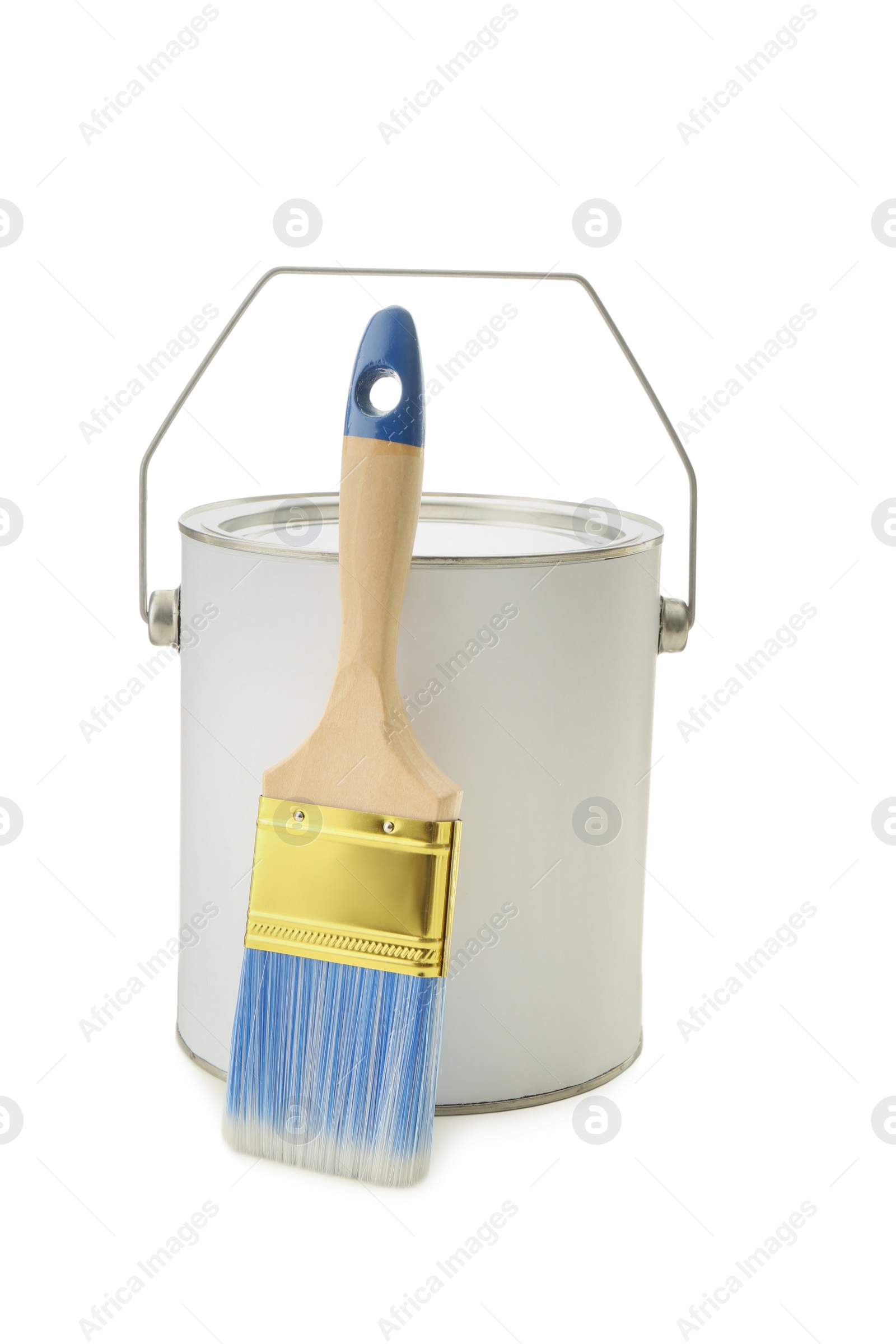 Photo of Closed blank can of paint and brush isolated on white