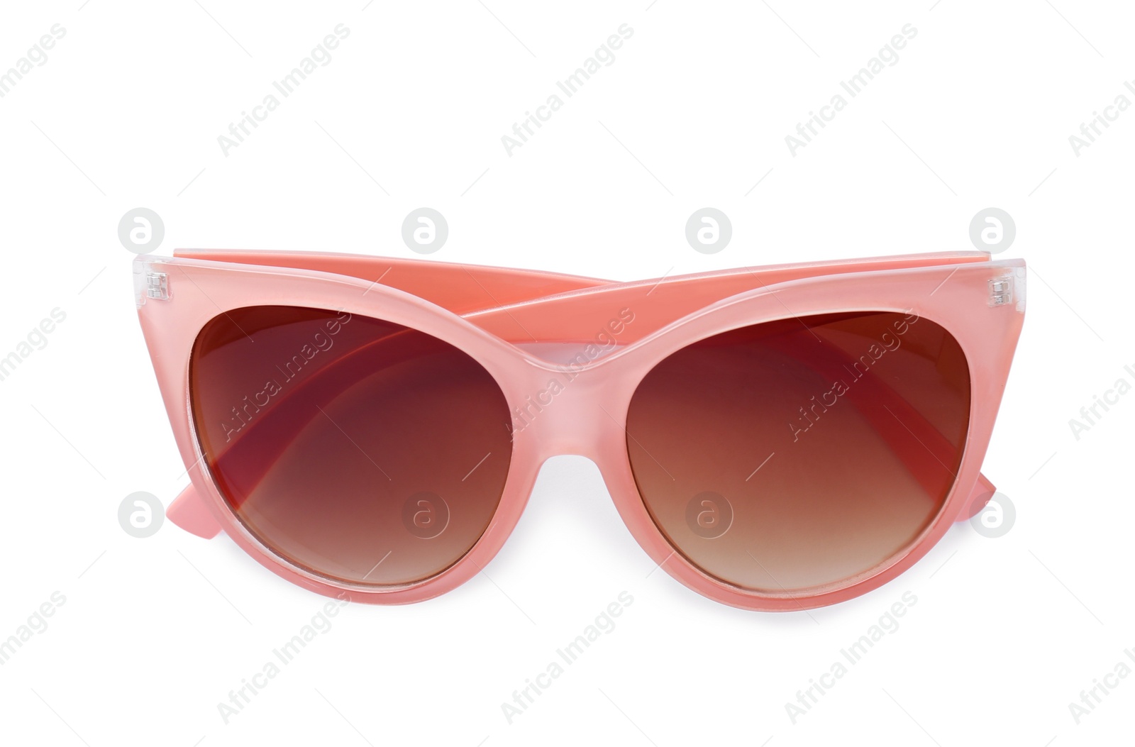 Photo of Stylish sunglasses on white background. Beach accessories