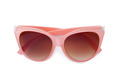 Stylish sunglasses on white background. Beach accessories