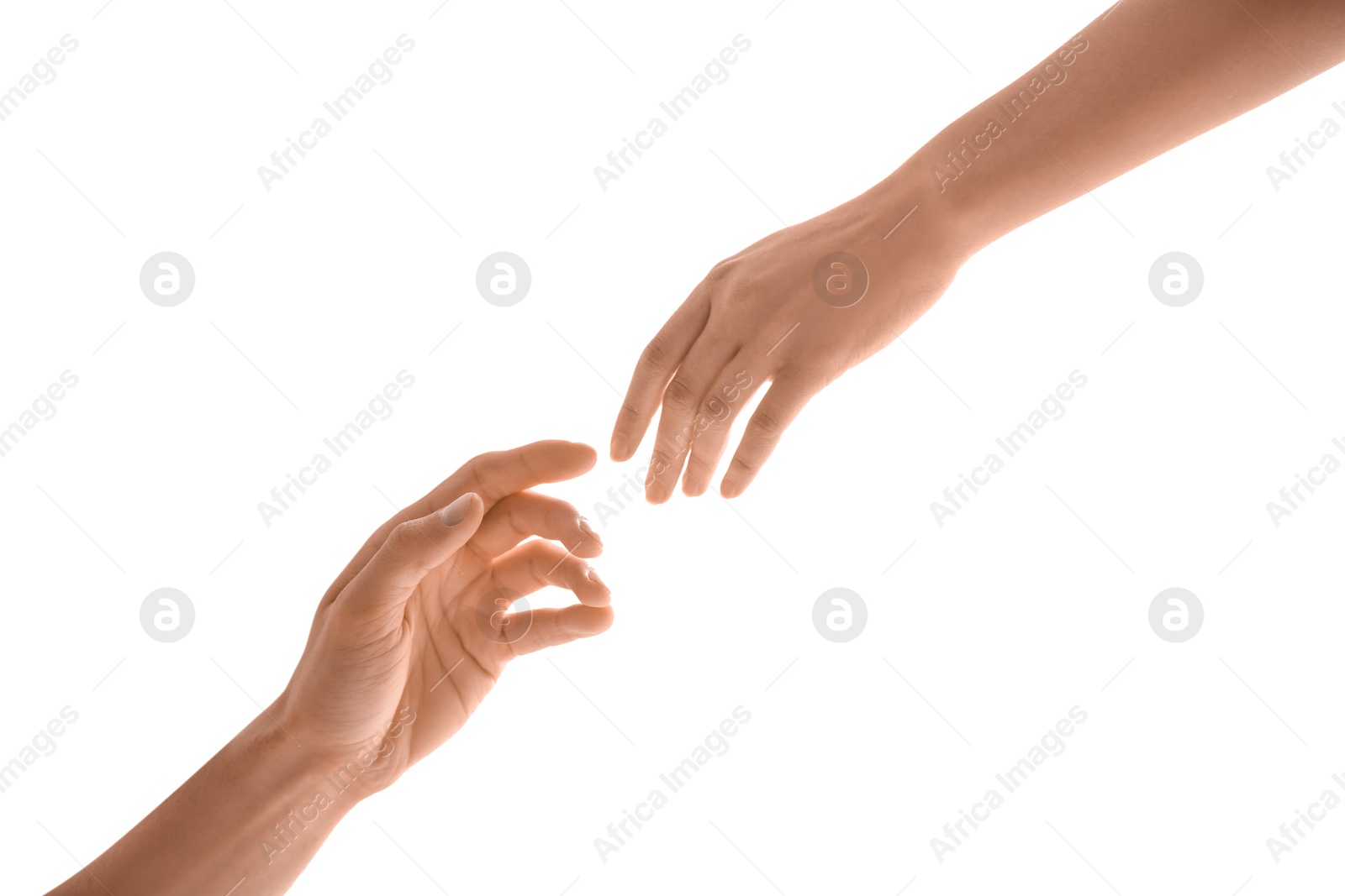 Photo of Man and woman reaching out to one another on light background. Unity concept