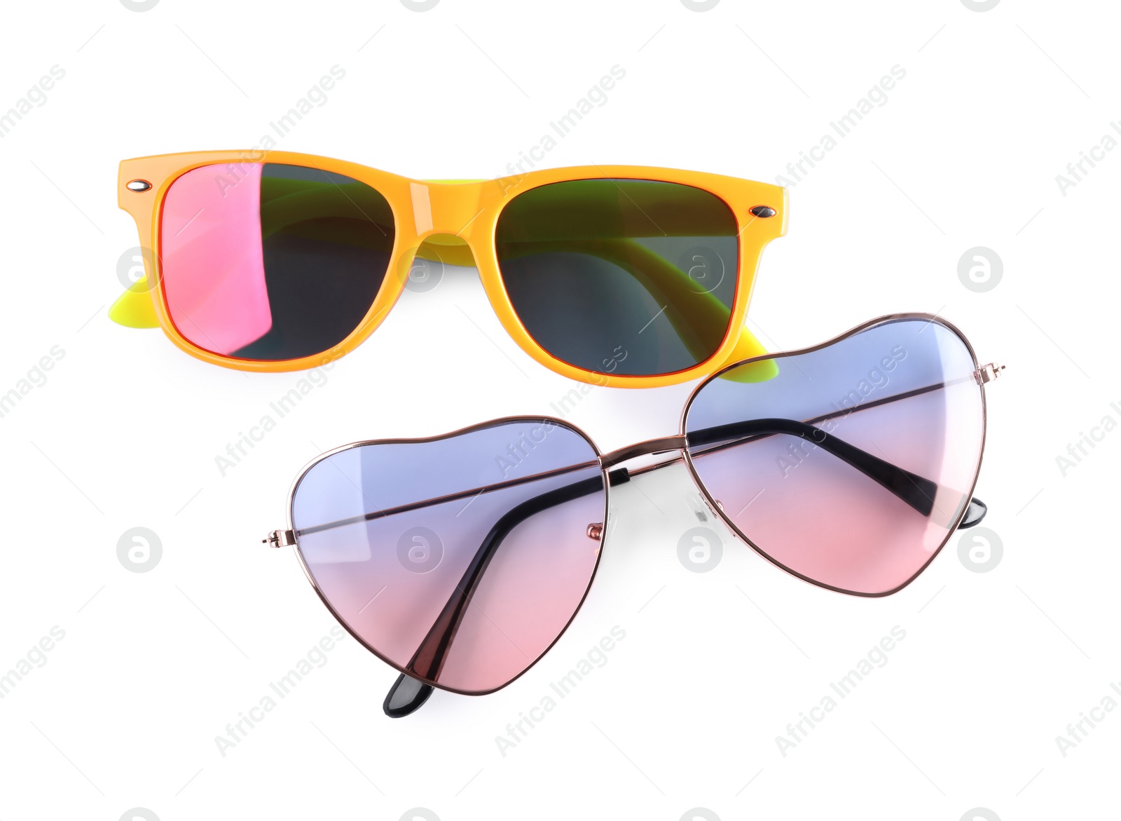 Photo of Different stylish sunglasses on white background. Sun protection