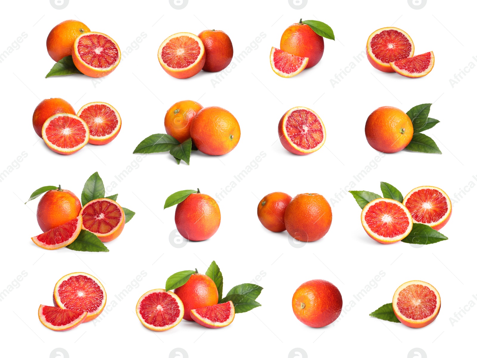 Image of Set with ripe red oranges on white background 