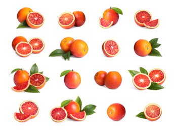 Image of Set with ripe red oranges on white background 