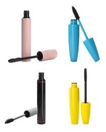 Set with different mascaras on white background