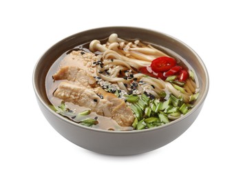 Photo of Delicious ramen with meat and mushrooms in bowl isolated on white. Noodle soup