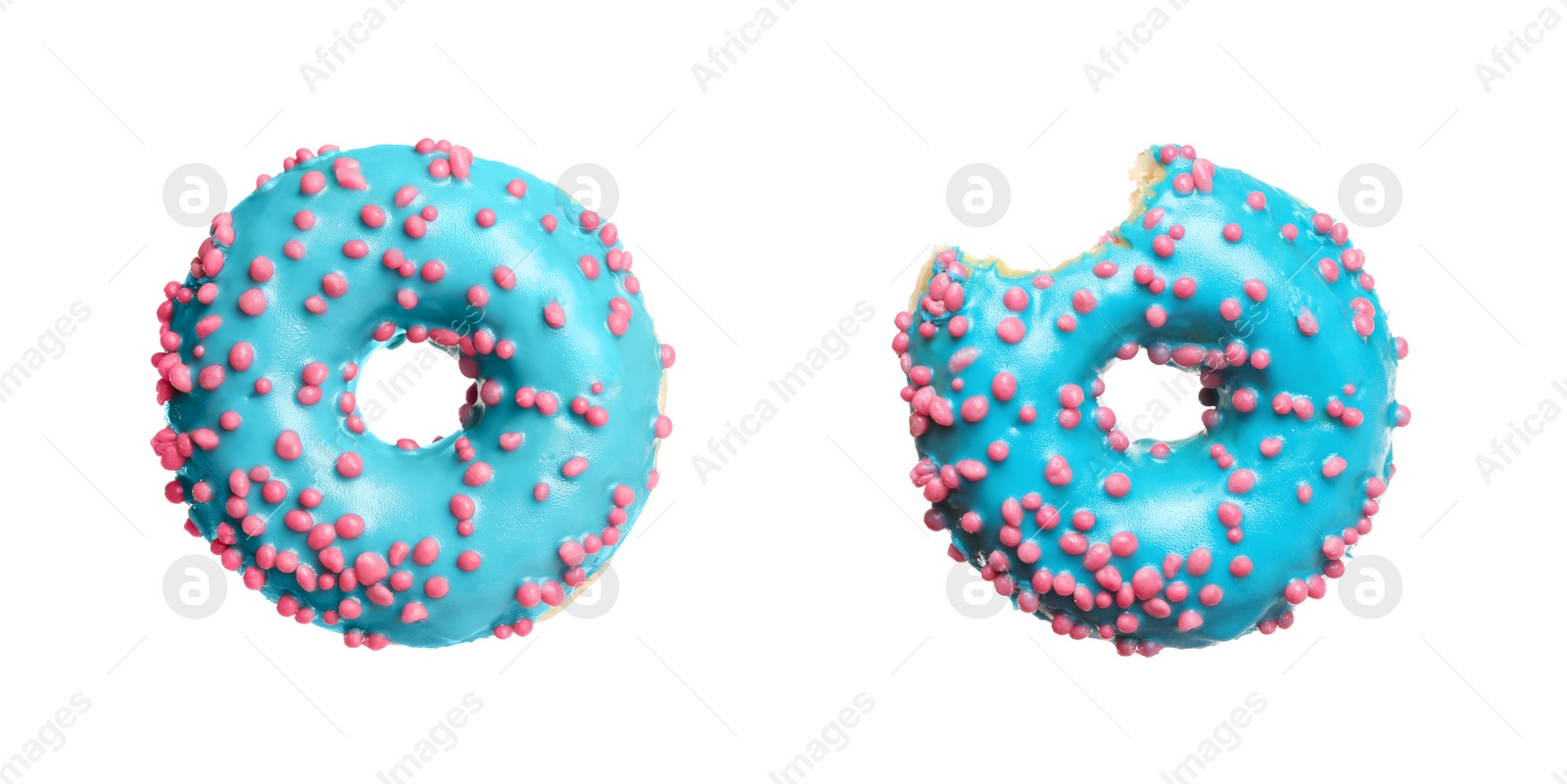 Image of Whole and bitten tasty donuts with sprinkles isolated on white