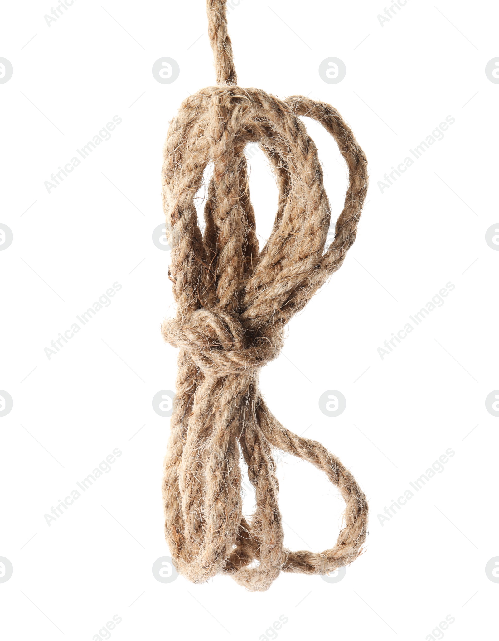 Photo of Bundle of hemp rope on white background