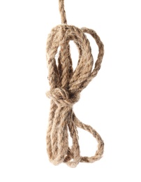 Photo of Bundle of hemp rope on white background