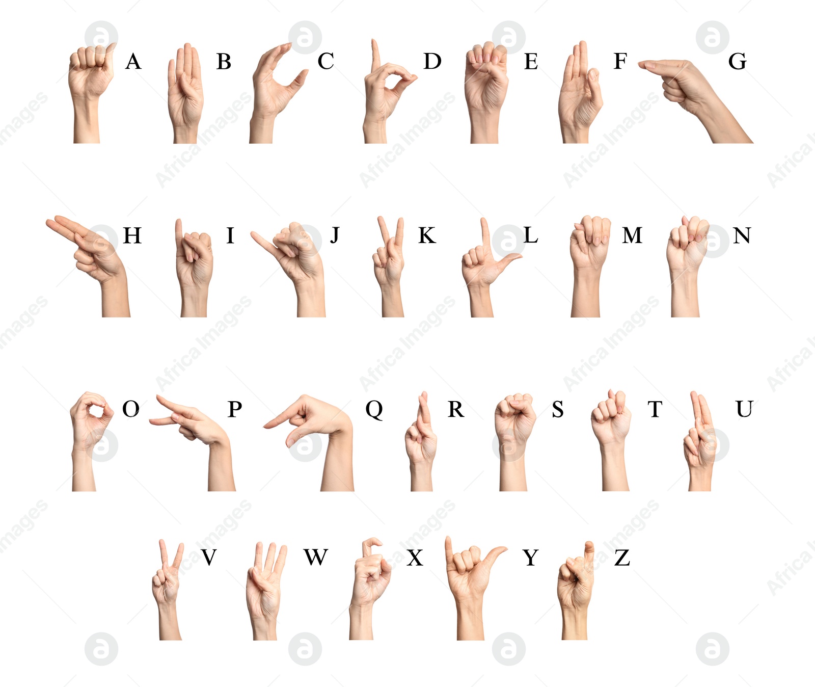 Image of Sign language alphabet. Hand gestures and corresponding letters on white background