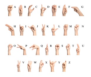Image of Sign language alphabet. Hand gestures and corresponding letters on white background