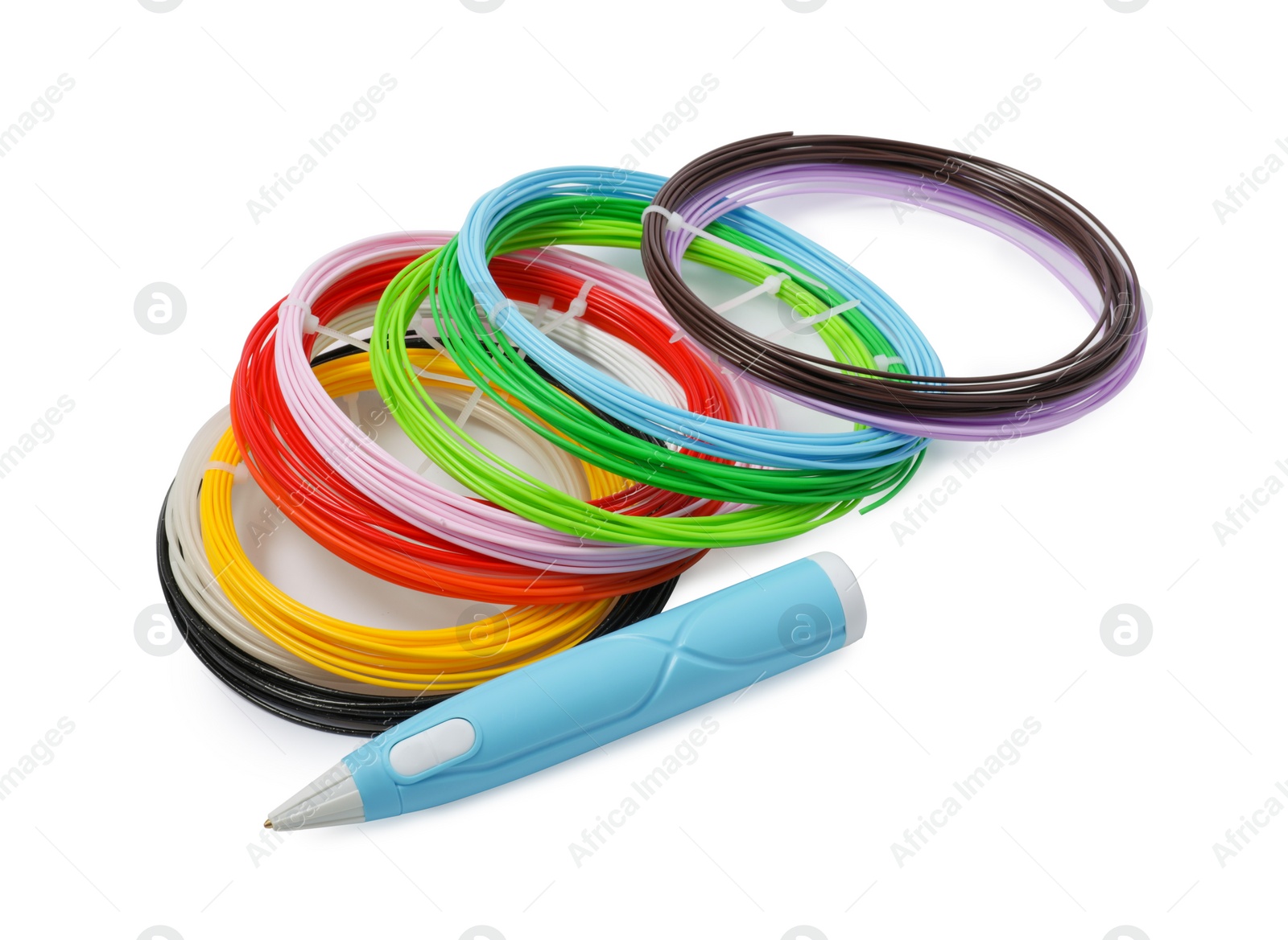 Photo of Stylish 3D pen and colorful plastic filaments on white background