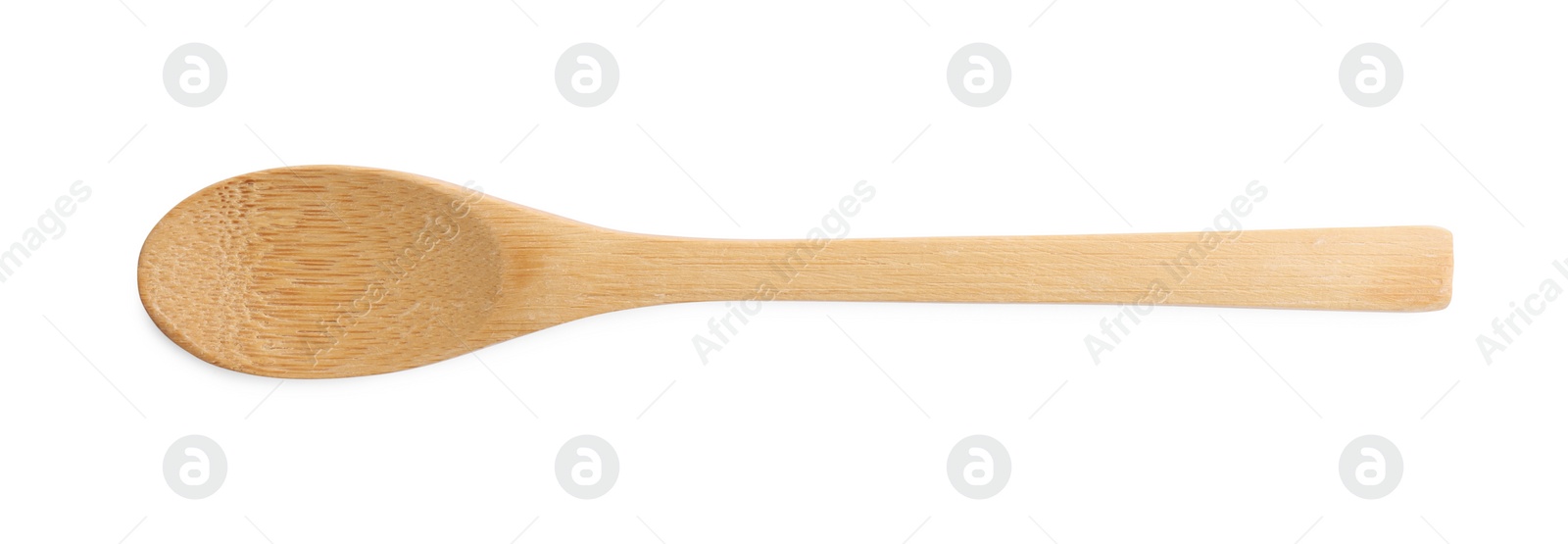 Photo of Wooden spoon on white background, top view