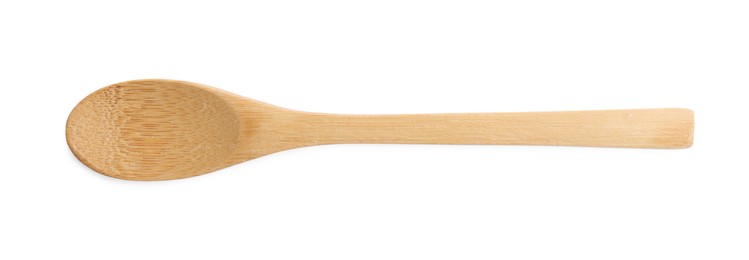 Photo of Wooden spoon on white background, top view